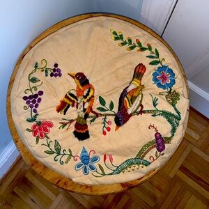Round Vintage Crewel Embroidered Floral Throw Pillow